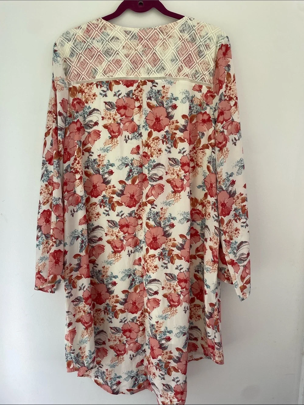 Haute Hippie Tribe  Antique Floral Lac Tassel Tunic Dress in Cream & Coral Large